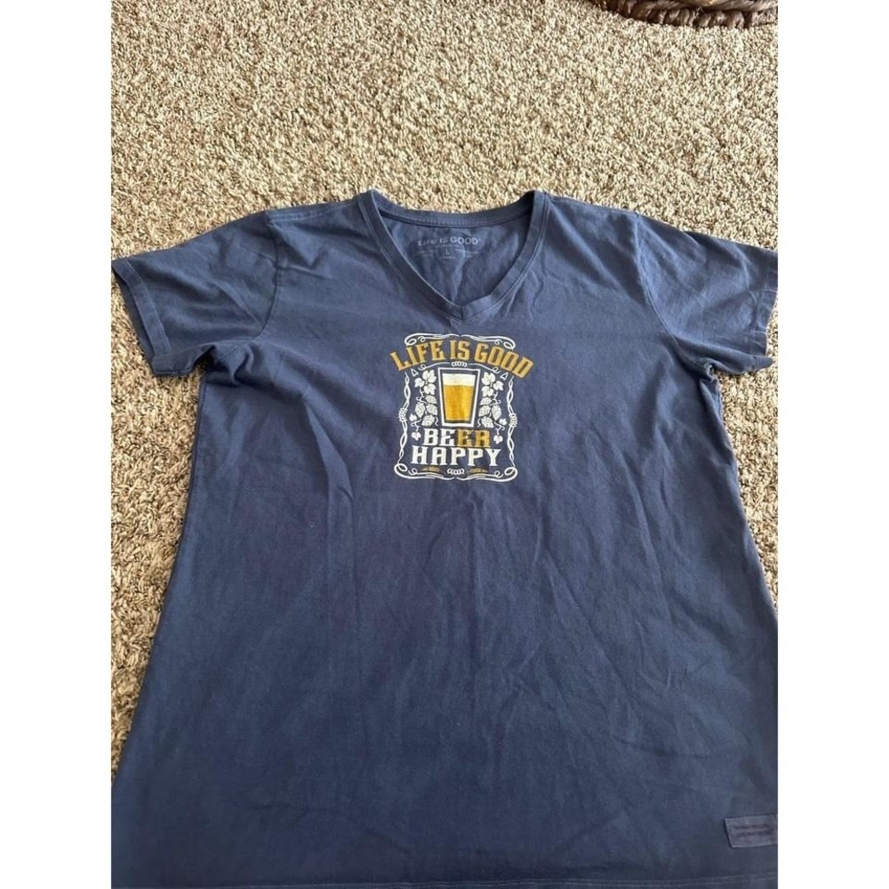 Life Is Good Womens Crusher Tee Beer Happy Graphic V Neck T Shirt Size L